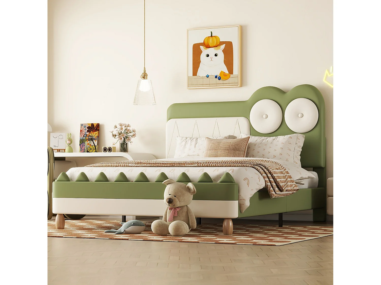 Lit 140x200cm, lit d'enfant en forme de crocodile de dessin animé, avec sommier à lattes et tête de lit, PU, Vert