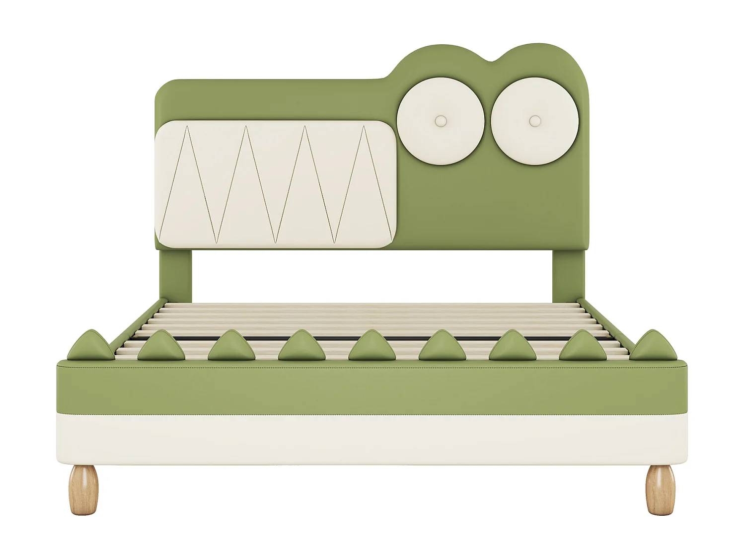 Lit 140x200cm, lit d'enfant en forme de crocodile de dessin animé, avec sommier à lattes et tête de lit, PU, Vert