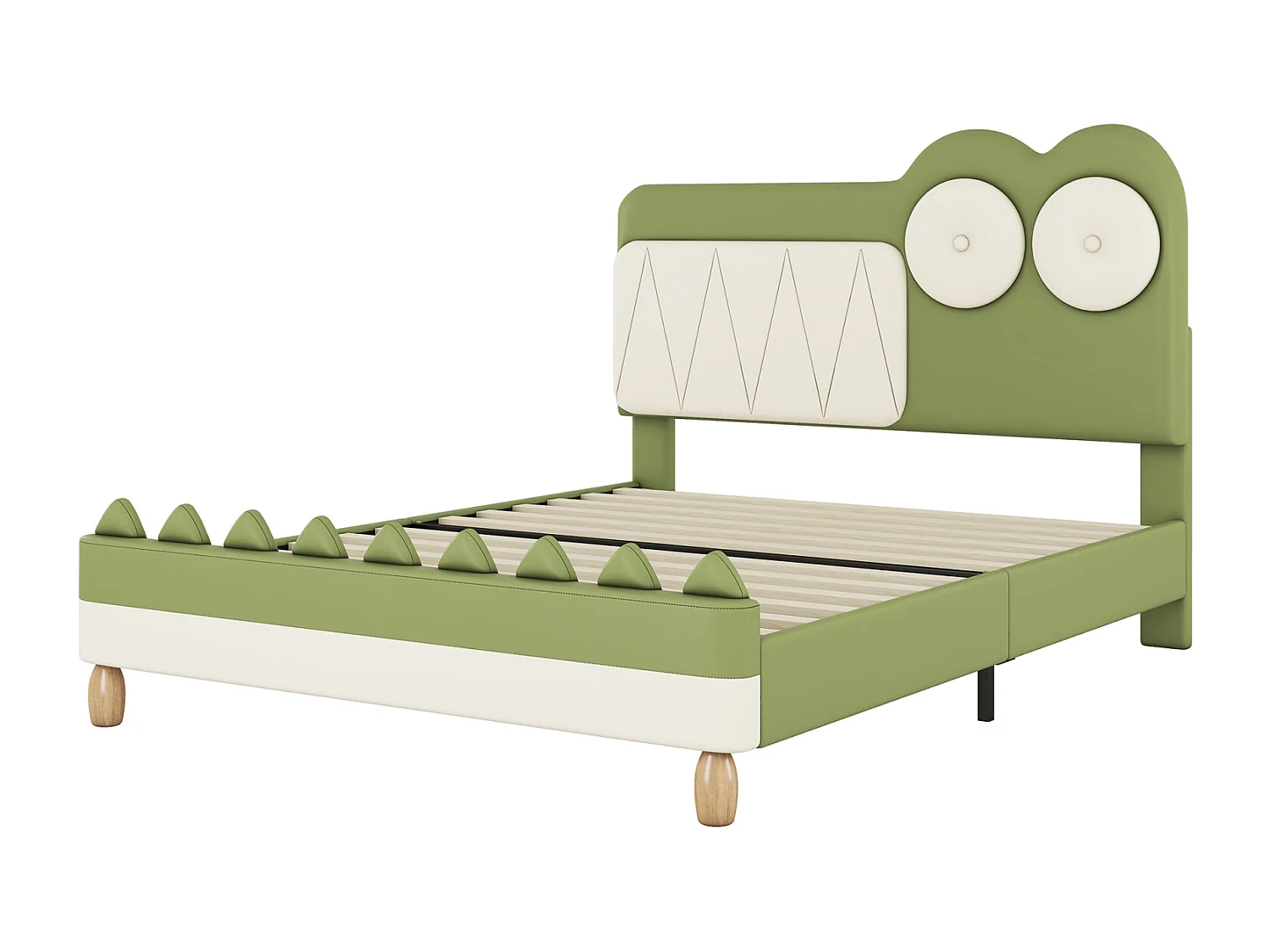 Lit 140x200cm, lit d'enfant en forme de crocodile de dessin animé, avec sommier à lattes et tête de lit, PU, Vert