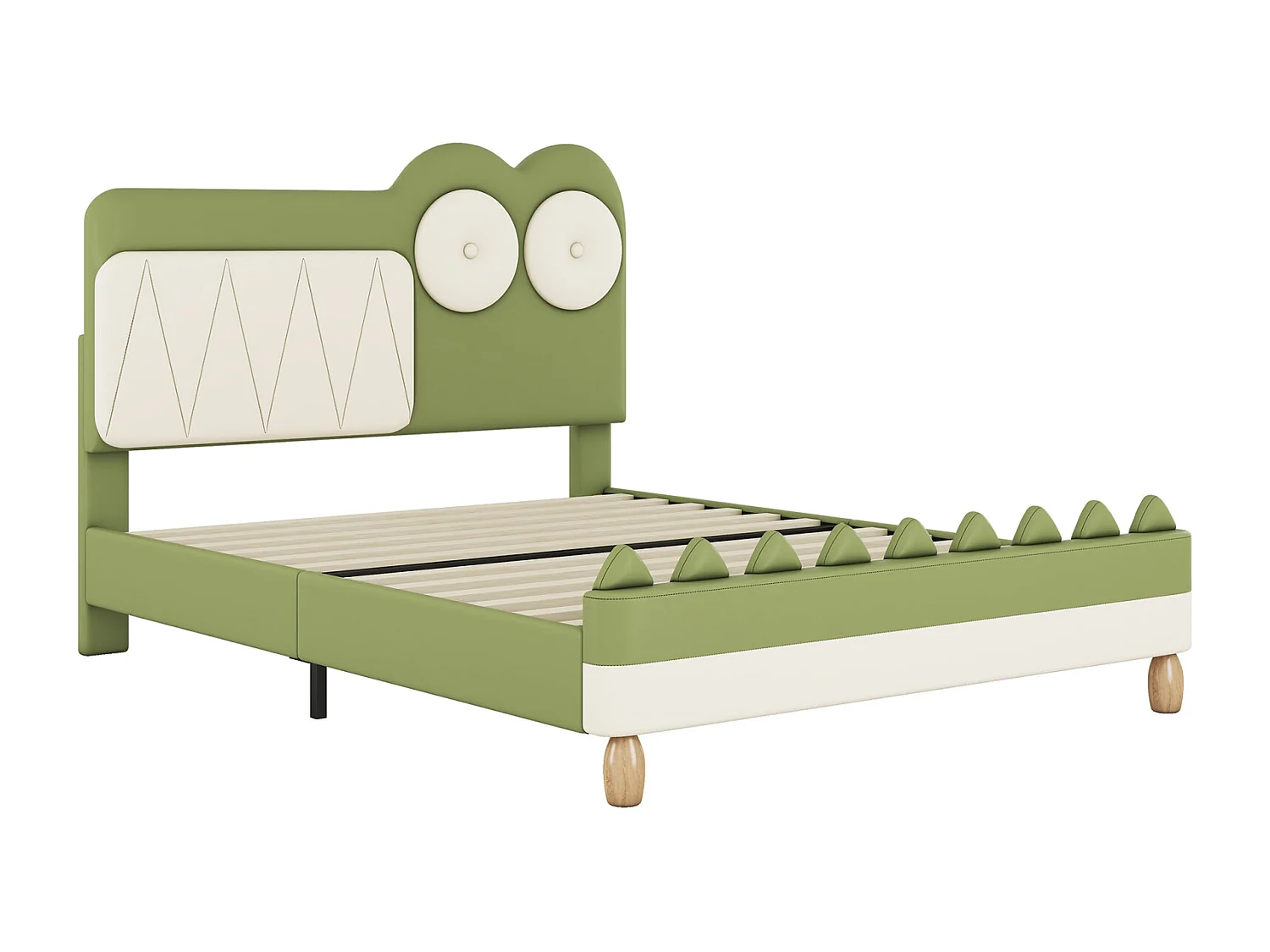Lit 140x200cm, lit d'enfant en forme de crocodile de dessin animé, avec sommier à lattes et tête de lit, PU, Vert
