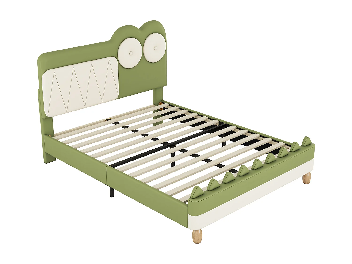 Lit 140x200cm, lit d'enfant en forme de crocodile de dessin animé, avec sommier à lattes et tête de lit, PU, Vert