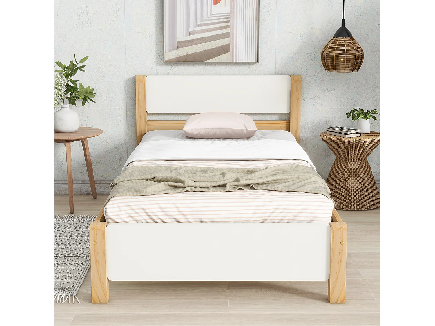 Lit adulte simple en bois - cadre en pin avec tête de lit et sommier à lattes lit en MDF blanc + naturel - 90x200 cm