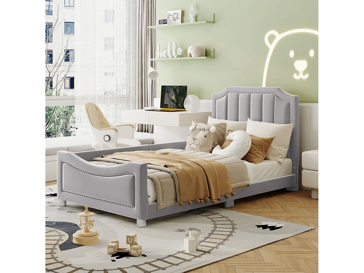 Lit simple d'enfant 90x200cm, lit rembourré en flanelle, lit plat avec 1 entourage latéral, avec sommier à lattes et tête de lit, gris