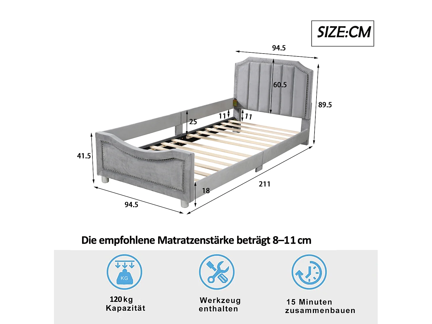 Lit simple d'enfant 90x200cm, lit rembourré en flanelle, lit plat avec 1 entourage latéral, avec sommier à lattes et tête de lit, gris