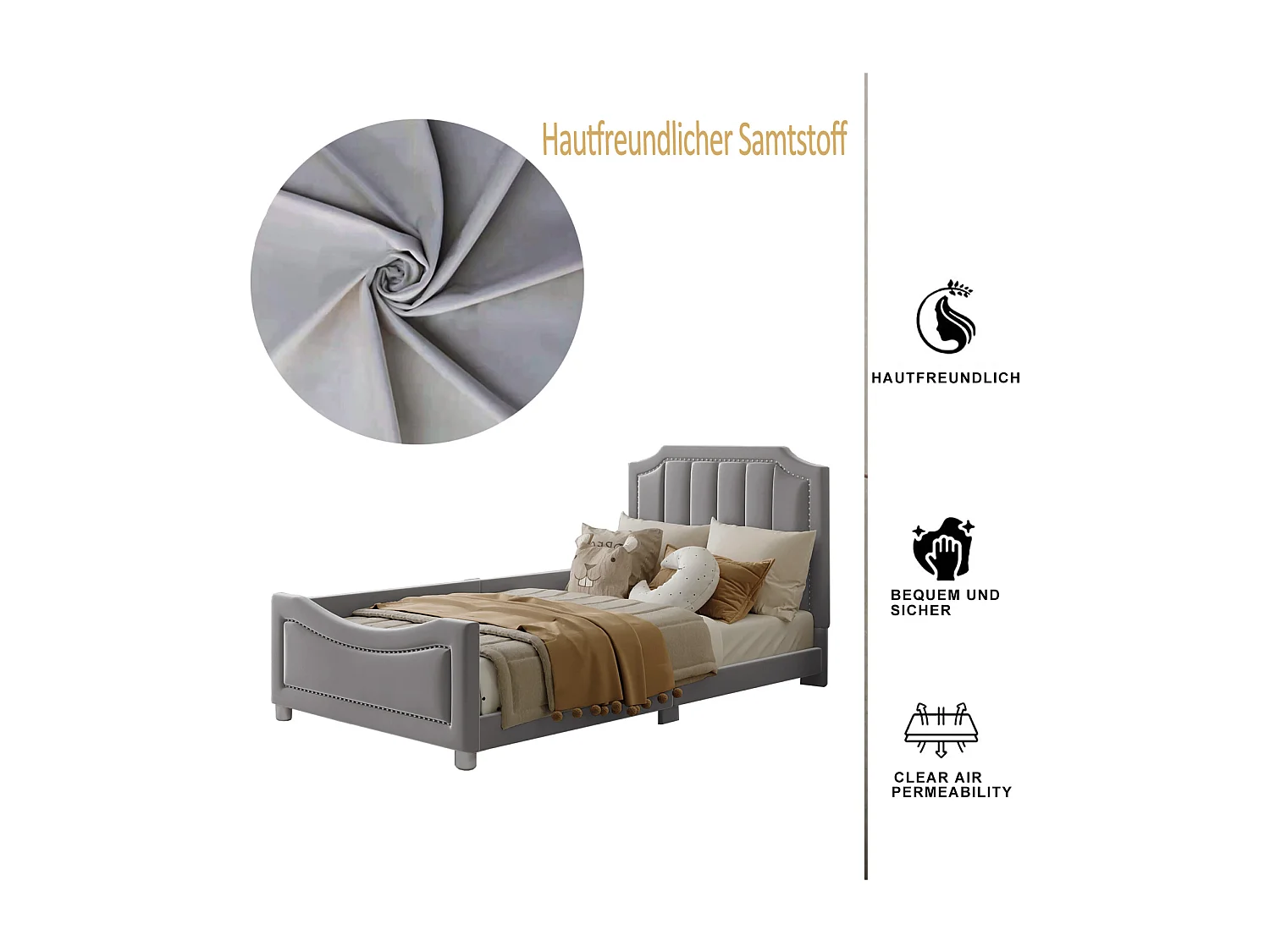 Lit simple d'enfant 90x200cm, lit rembourré en flanelle, lit plat avec 1 entourage latéral, avec sommier à lattes et tête de lit, gris