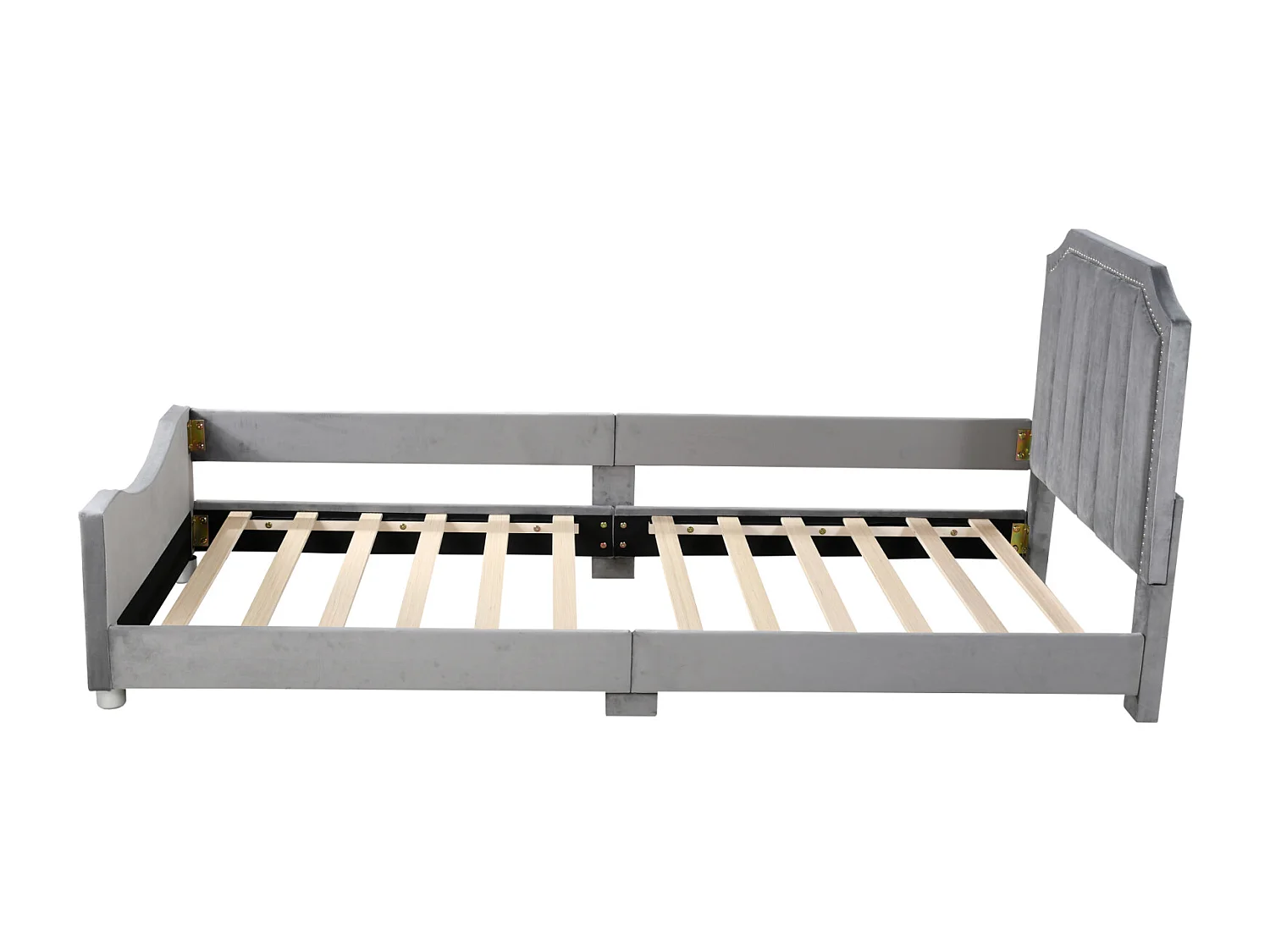 Lit simple d'enfant 90x200cm, lit rembourré en flanelle, lit plat avec 1 entourage latéral, avec sommier à lattes et tête de lit, gris