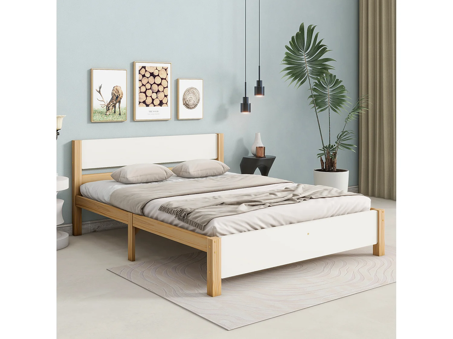 Cama de casal adulto em madeira - estrutura em pinho com cabeceira e estrado em ripado branco + cama em MDF natural - 140x200 cm