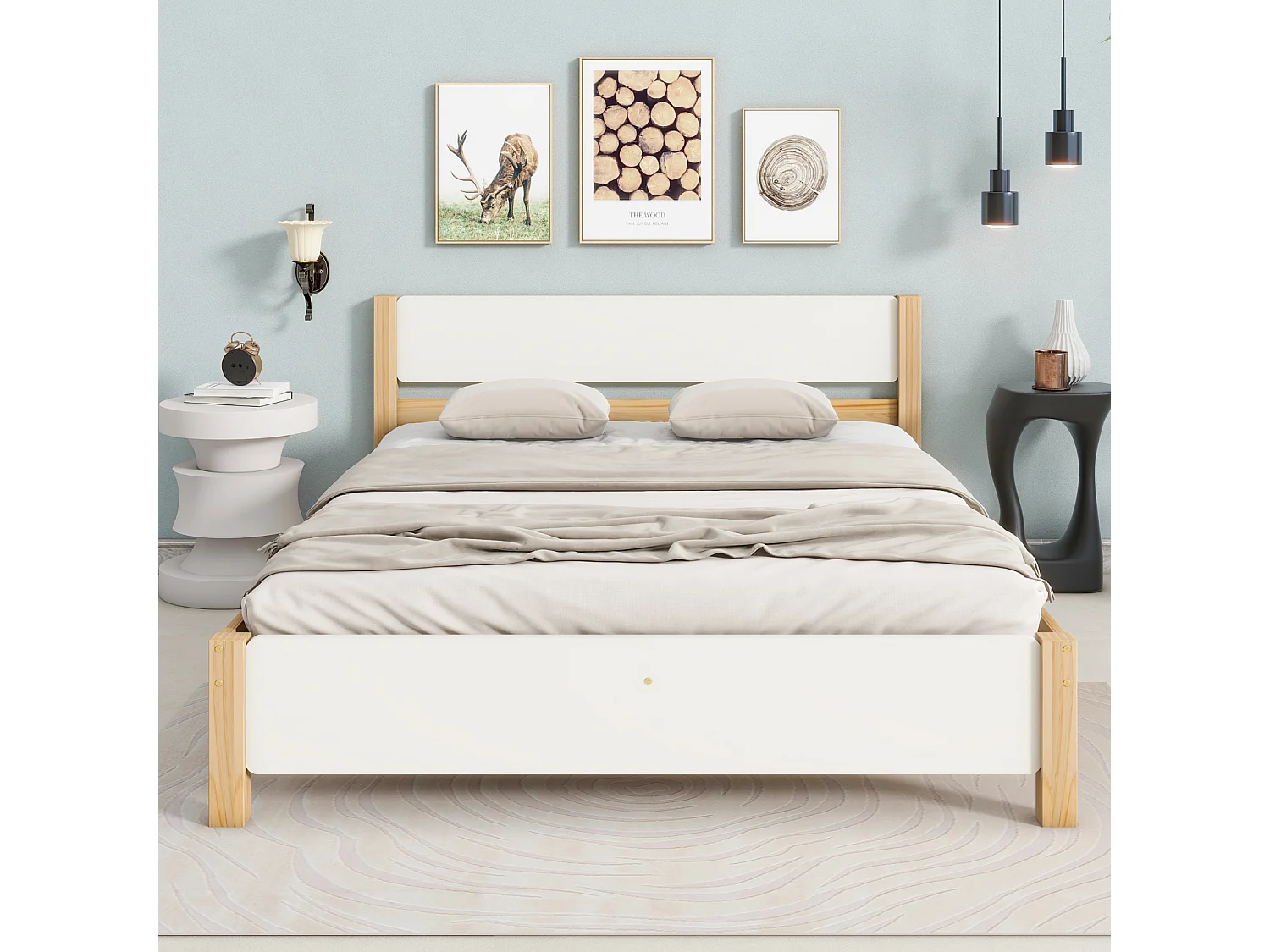Cama de casal adulto em madeira - estrutura em pinho com cabeceira e estrado em ripado branco + cama em MDF natural - 140x200 cm