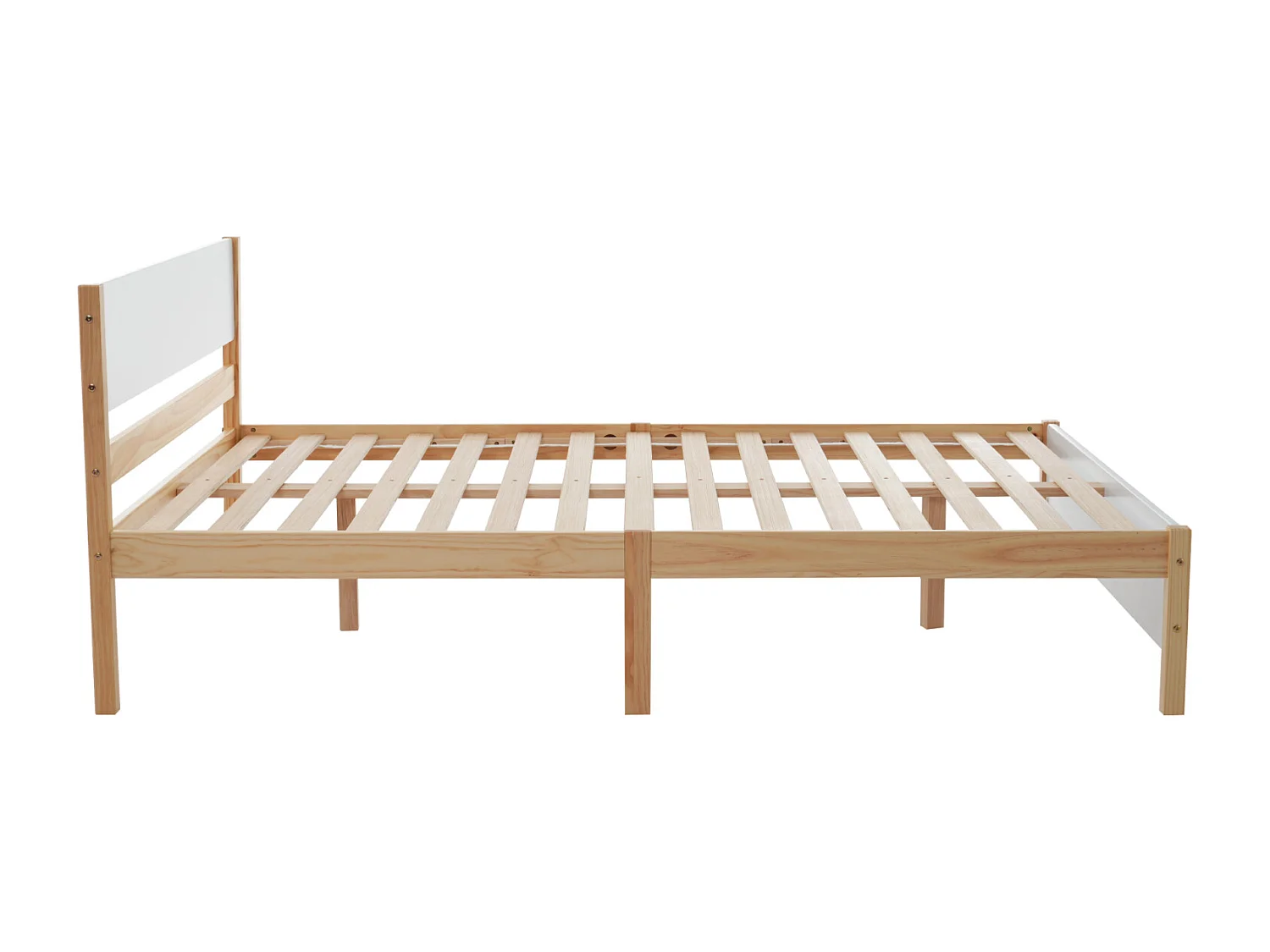 Cama de casal adulto em madeira - estrutura em pinho com cabeceira e estrado em ripado branco + cama em MDF natural - 140x200 cm