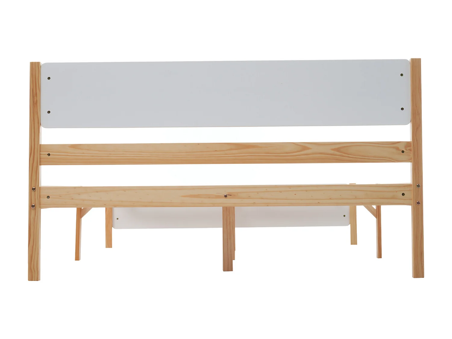 Cama de casal adulto em madeira - estrutura em pinho com cabeceira e estrado em ripado branco + cama em MDF natural - 140x200 cm