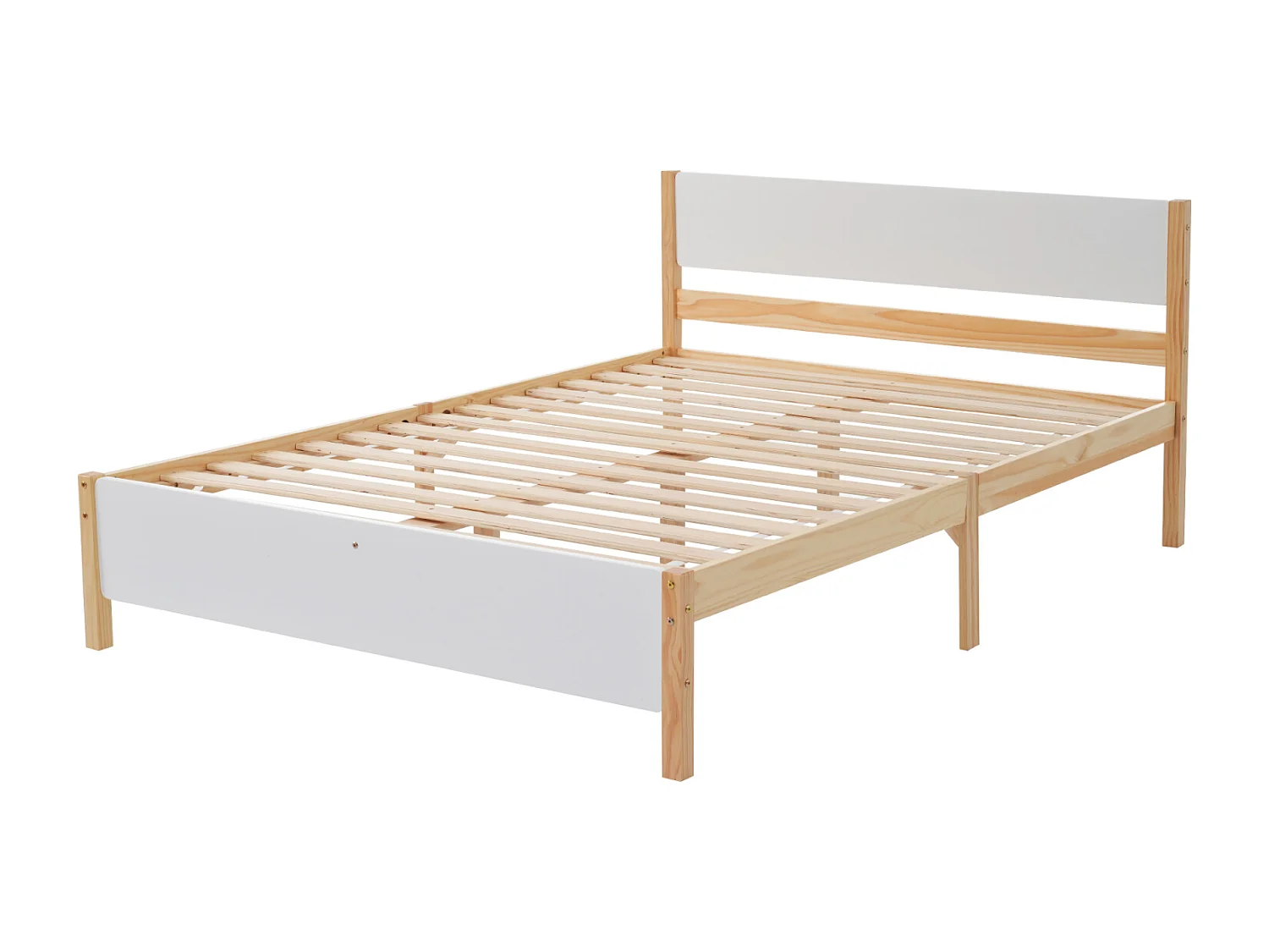 Cama de casal adulto em madeira - estrutura em pinho com cabeceira e estrado em ripado branco + cama em MDF natural - 140x200 cm