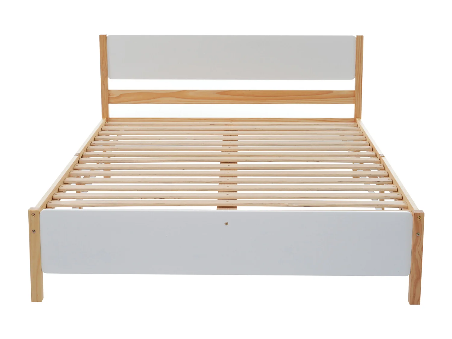 Cama de casal adulto em madeira - estrutura em pinho com cabeceira e estrado em ripado branco + cama em MDF natural - 140x200 cm