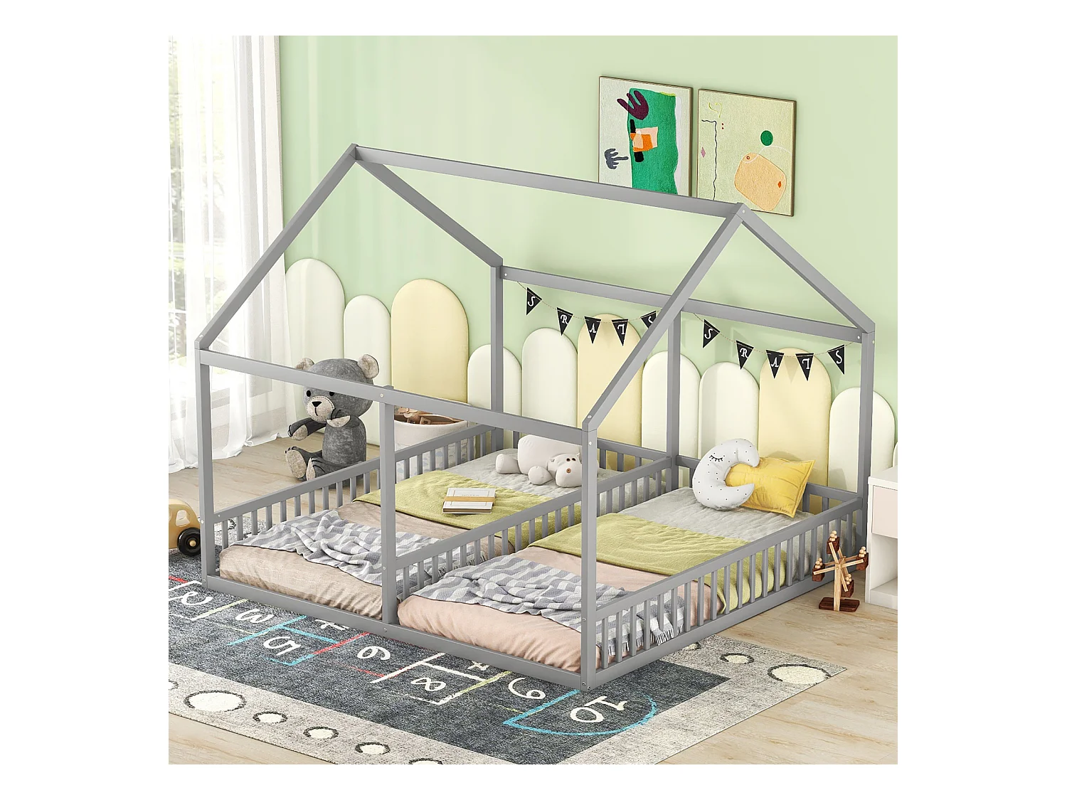 Lit cabane pour 2 enfants 90x200cm - lits plats modèles de maison lits 2 couchage 2 en 1 - gris