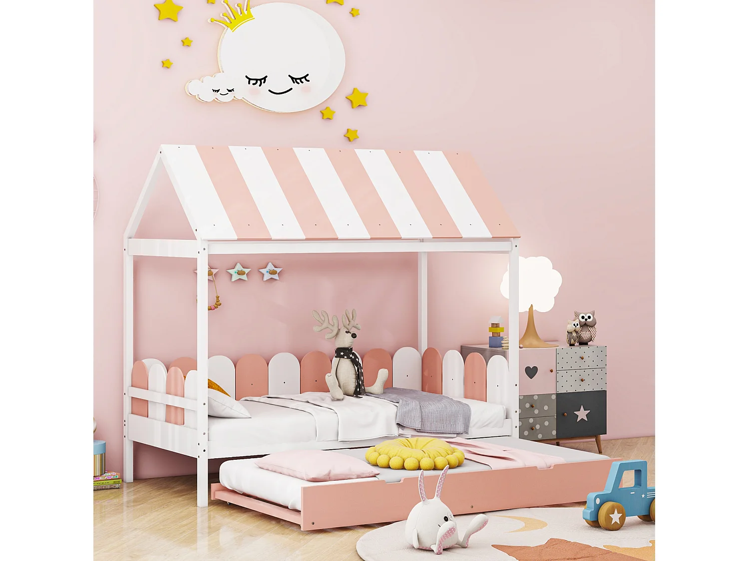 Ausziehbett 90x190cm x 2, Hausbett mit Dach und Rückenlehne, Massivholzbett mit Lattenrost, rosa