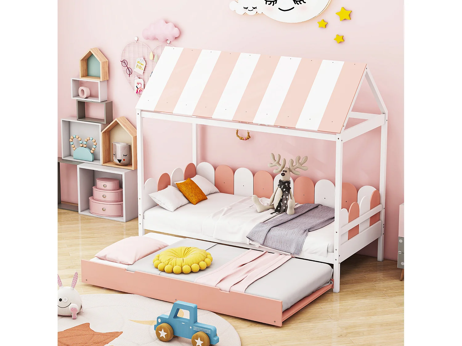 Ausziehbett 90x190cm x 2, Hausbett mit Dach und Rückenlehne, Massivholzbett mit Lattenrost, rosa