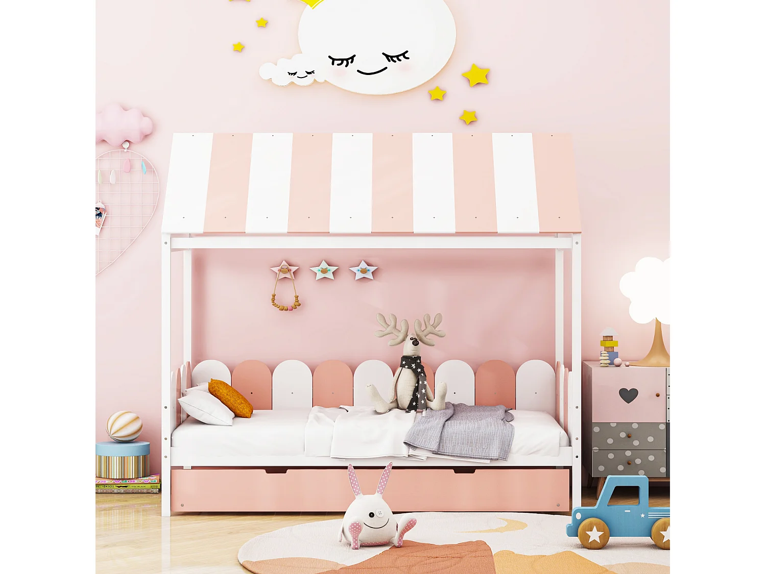 Ausziehbett 90x190cm x 2, Hausbett mit Dach und Rückenlehne, Massivholzbett mit Lattenrost, rosa
