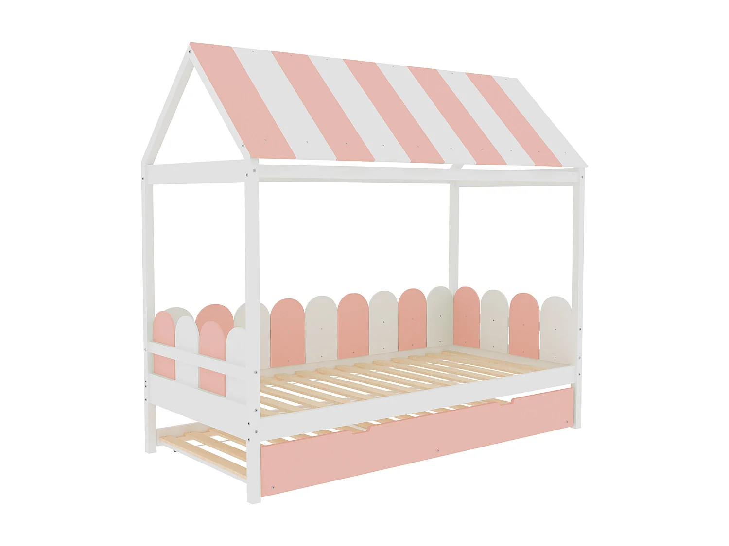 Ausziehbett 90x190cm x 2, Hausbett mit Dach und Rückenlehne, Massivholzbett mit Lattenrost, rosa