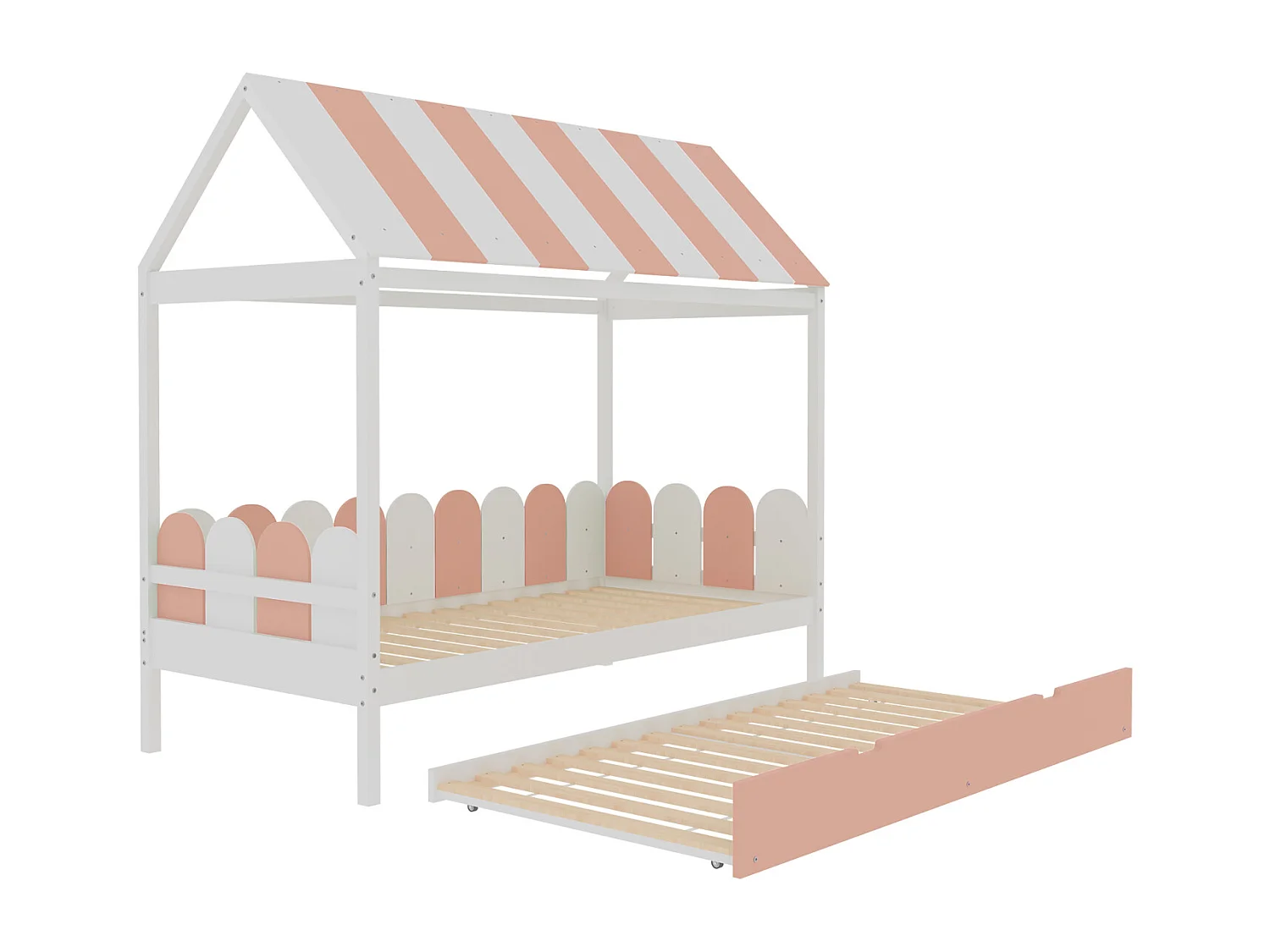 Ausziehbett 90x190cm x 2, Hausbett mit Dach und Rückenlehne, Massivholzbett mit Lattenrost, rosa