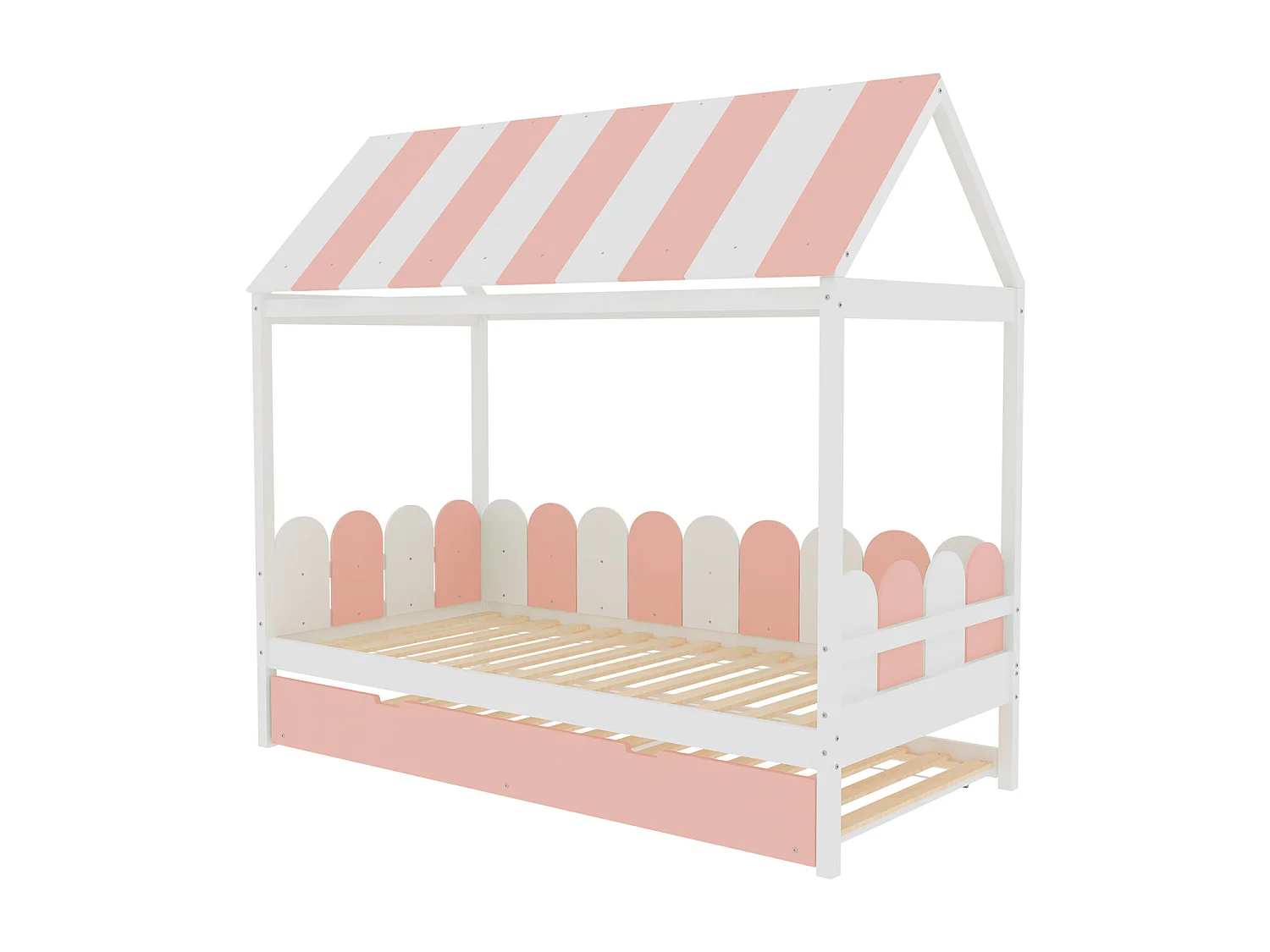 Ausziehbett 90x190cm x 2, Hausbett mit Dach und Rückenlehne, Massivholzbett mit Lattenrost, rosa