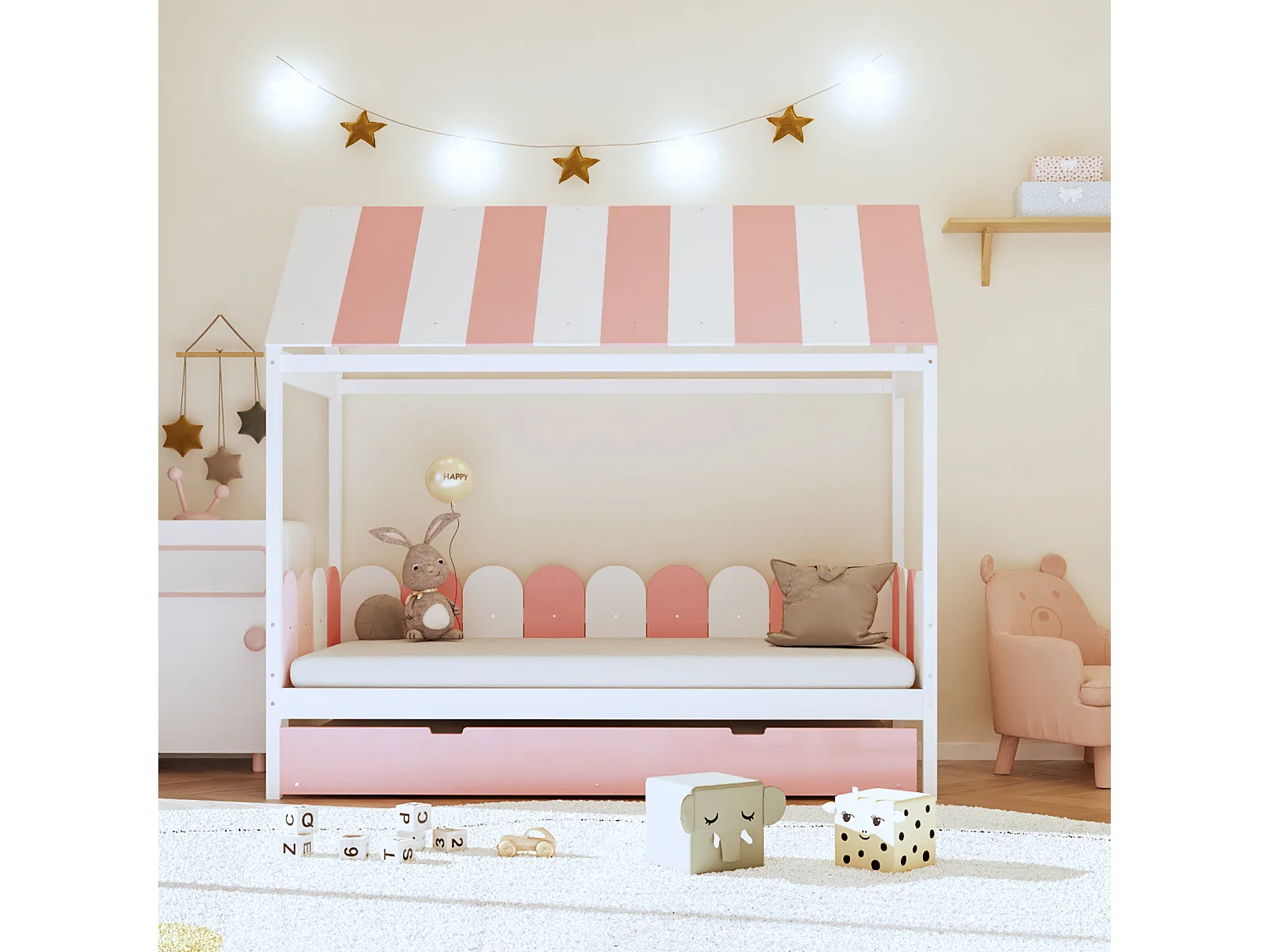 Ausziehbett 90x190cm x 2, Hausbett mit Dach und Rückenlehne, Massivholzbett mit Lattenrost, rosa