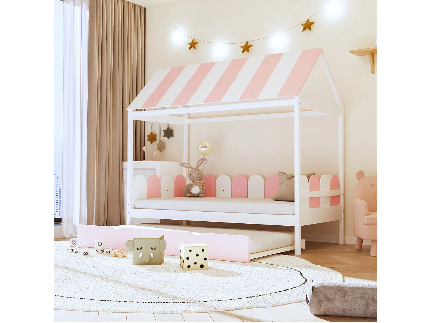Ausziehbett 90x190cm x 2, Hausbett mit Dach und Rückenlehne, Massivholzbett mit Lattenrost, rosa