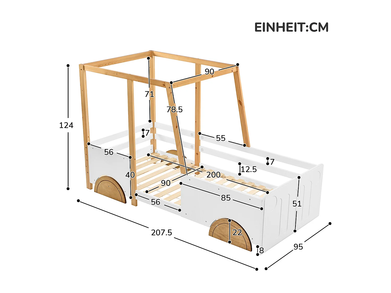 Kinderbett 90 x 200cm - mit MDF Rollen, Kiefernrahmen, Lattenrost, Kinder Autobett - Natur + Weiß