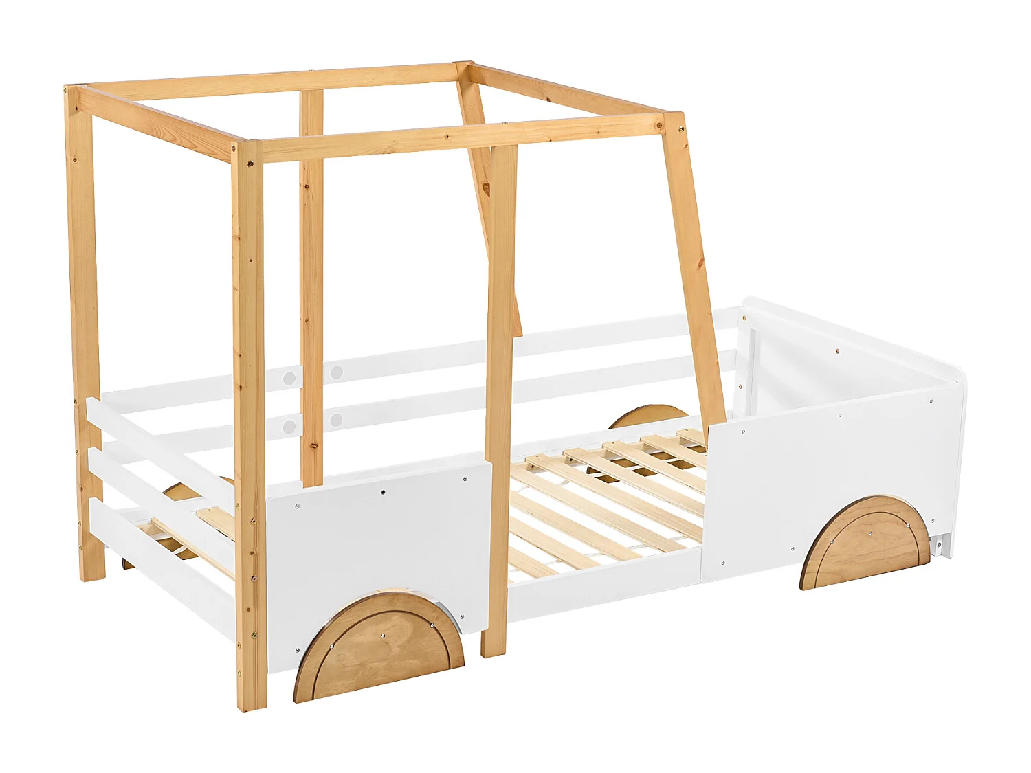 Kinderbett 90 x 200cm - mit MDF Rollen, Kiefernrahmen, Lattenrost, Kinder Autobett - Natur + Weiß