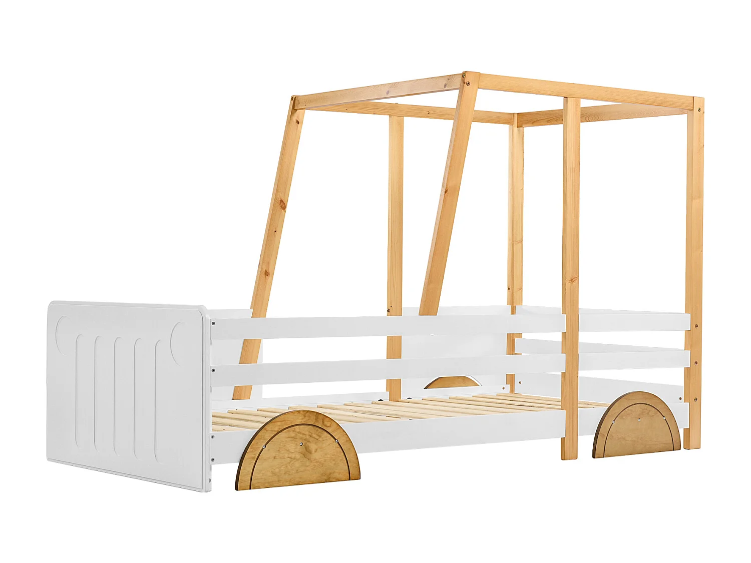 Kinderbed 90 x 200cm - met MDF wielen, grenen frame, lattenbodem, kinderautobed ​​- Naturel + Wit