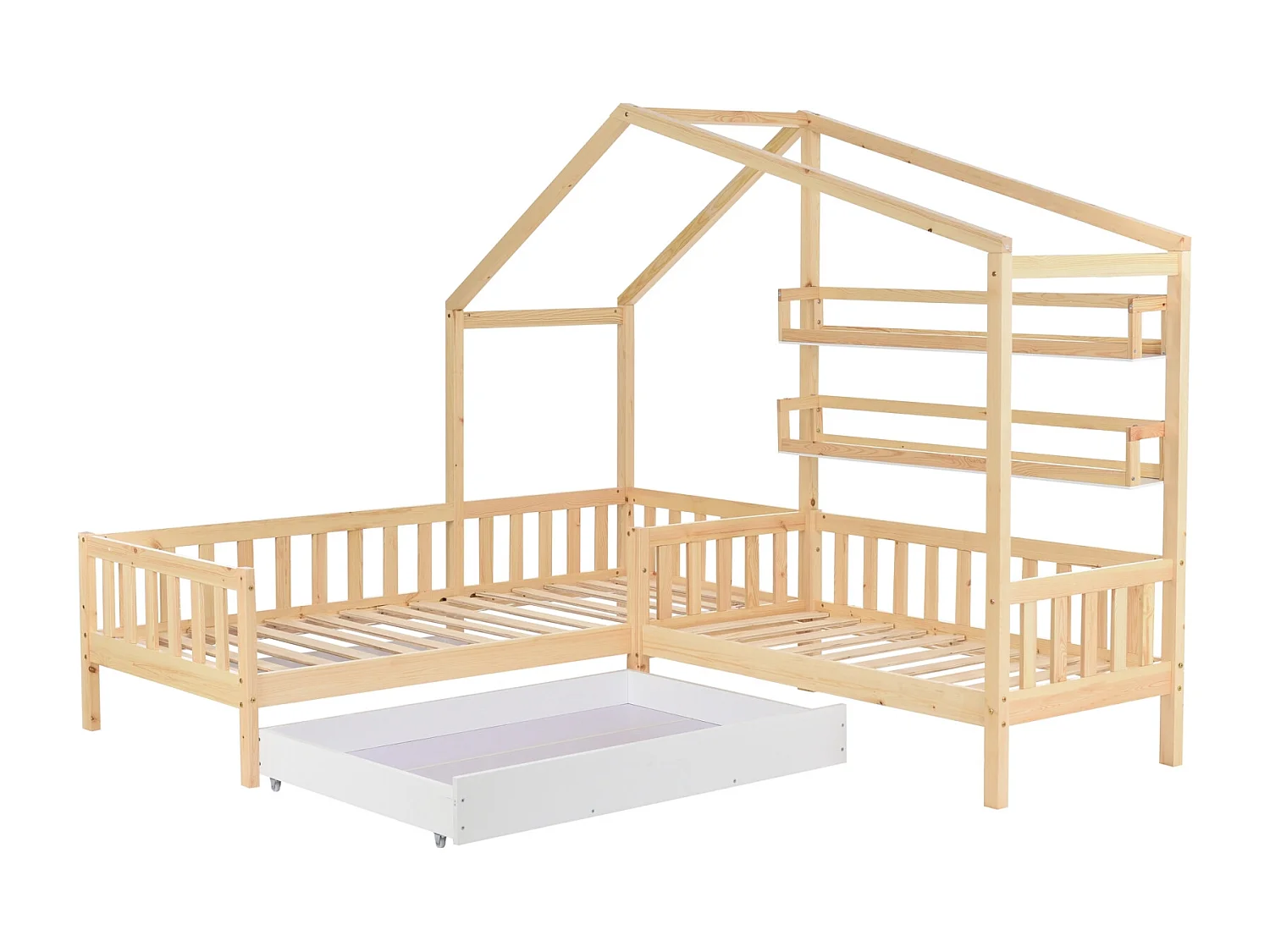 Kinderbed 90x200cm+70x140cm - met laden, planken, lattenbodem, L-vormig frame, grenen - Naturel