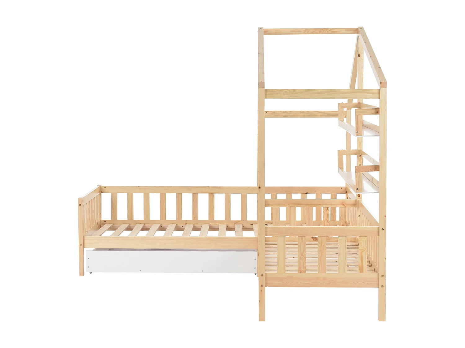 Lit cabane enfant 90x200cm+70x140cm - avec tiroirs, étagères, sommier à lattes, cadre en L, en pin - Naturel