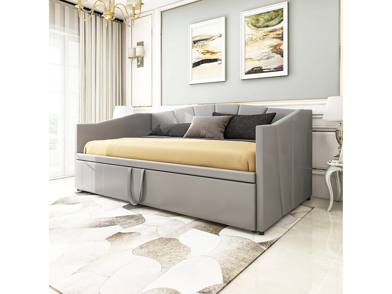 Uitschuifbed 90/180x200cm, gestoffeerde slaapbank uitschuifbaar met lattenbodems, multifunctioneel bed in fluwelen stof moderne stijl - grijs