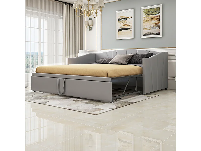 Cama de rodízio 90/180x200cm, sofá-cama estofado extensível com estrados de ripas, cama multifuncional em tecido de veludo estilo moderno - cinzento
