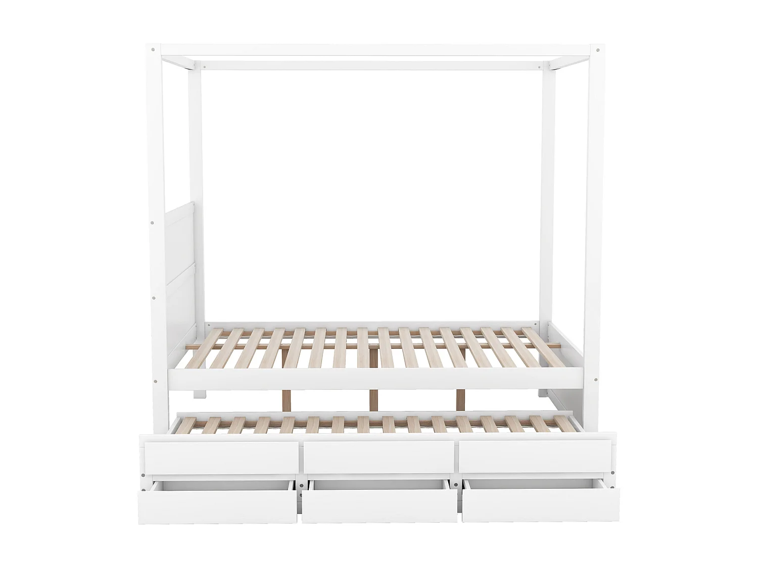 Uitschuifbed 140 x 200 cm hemelbed - platformbed met eenpersoons opklapbed en 3 opbergvakken massief houten bed - wit