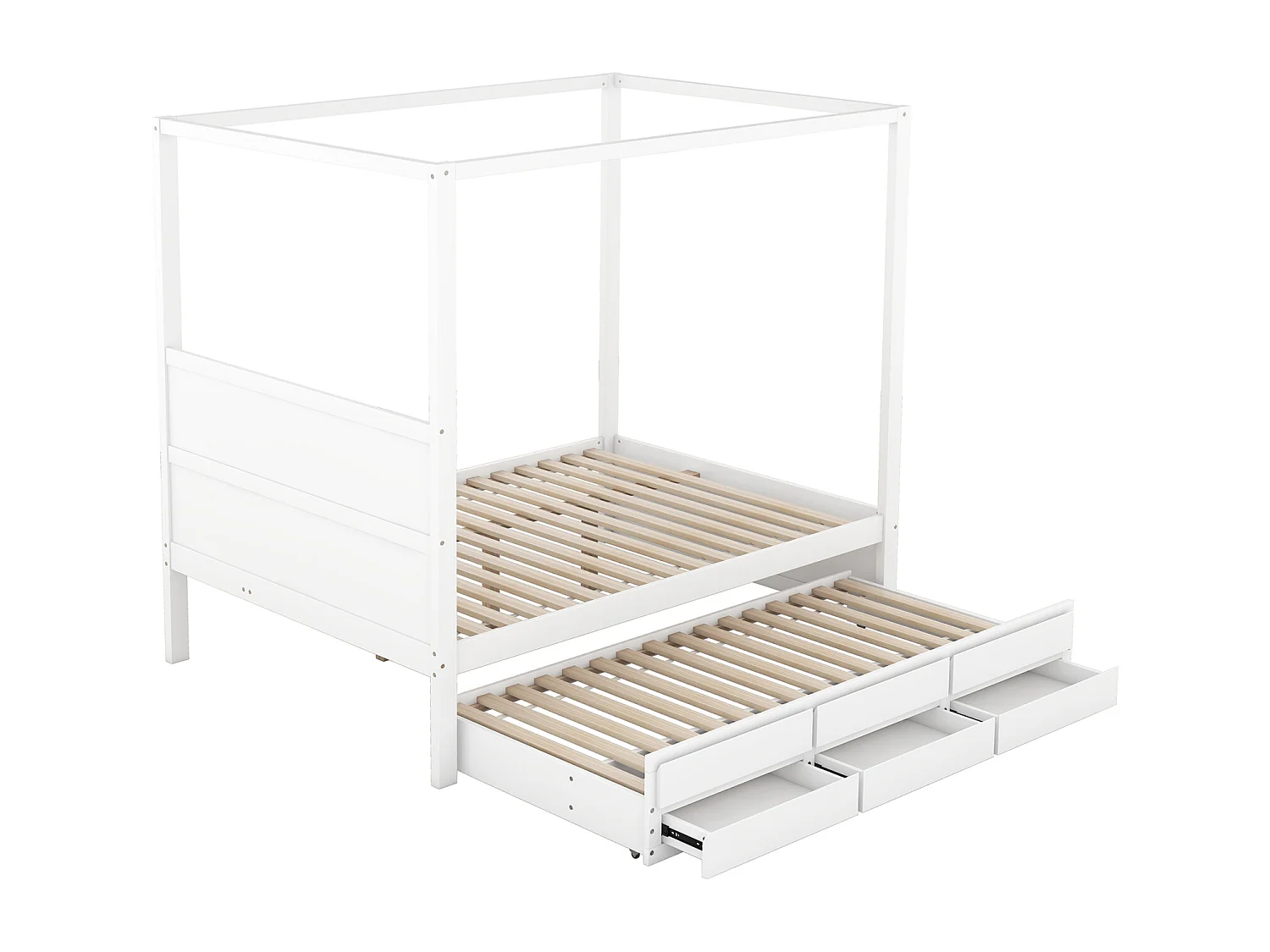 Uitschuifbed 140 x 200 cm hemelbed - platformbed met eenpersoons opklapbed en 3 opbergvakken massief houten bed - wit