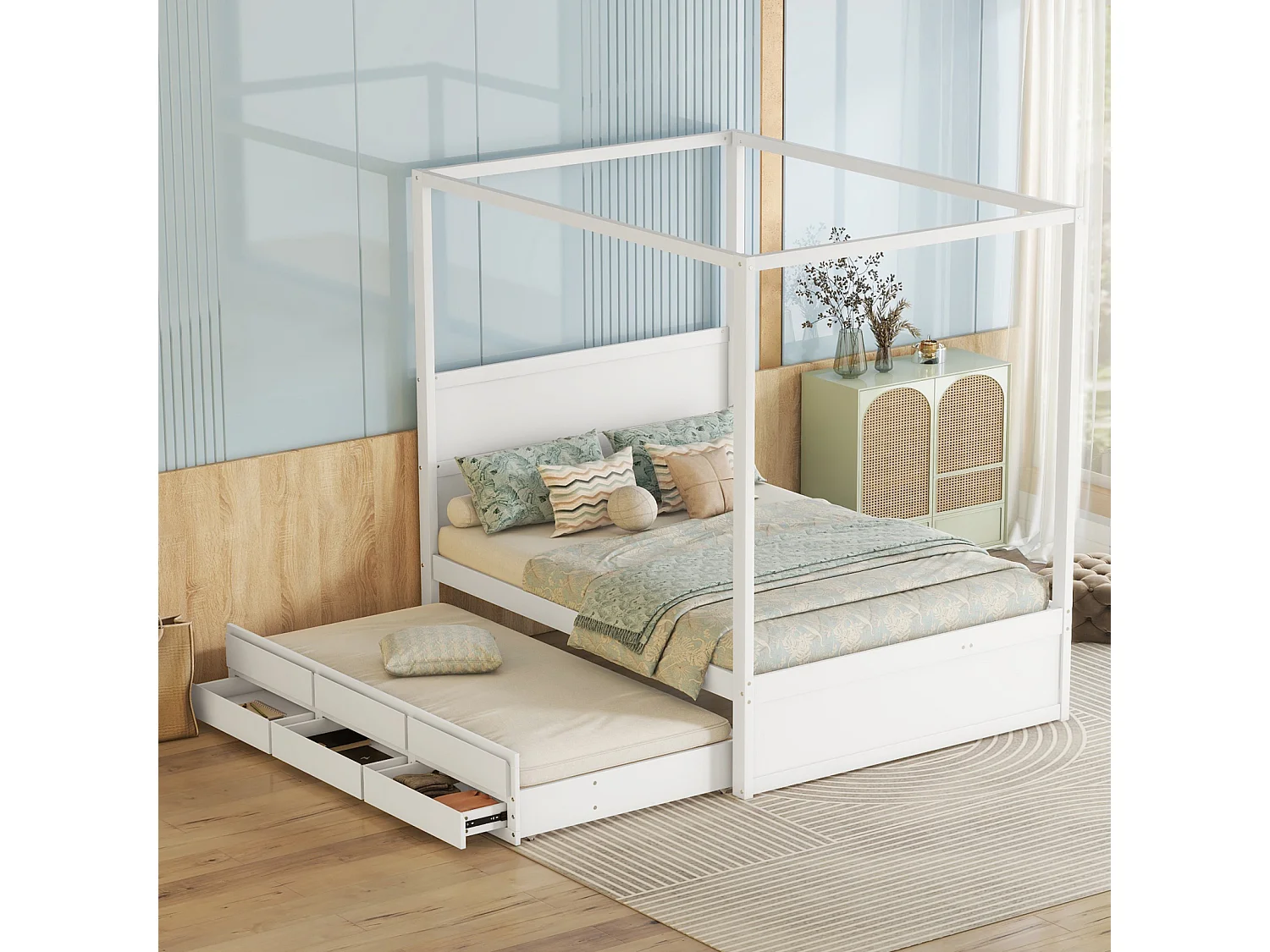 Uitschuifbed 140 x 200 cm hemelbed - platformbed met eenpersoons opklapbed en 3 opbergvakken massief houten bed - wit