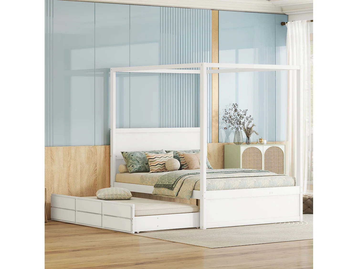 Uitschuifbed 140 x 200 cm hemelbed - platformbed met eenpersoons opklapbed en 3 opbergvakken massief houten bed - wit