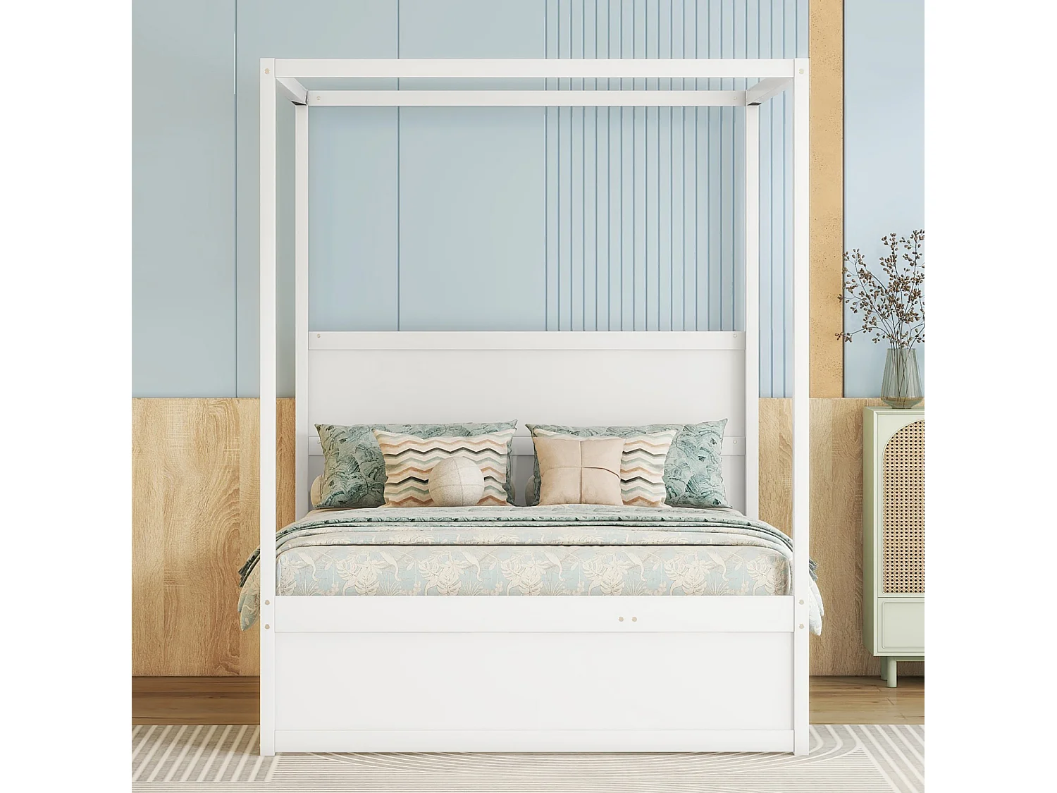 Uitschuifbed 140 x 200 cm hemelbed - platformbed met eenpersoons opklapbed en 3 opbergvakken massief houten bed - wit