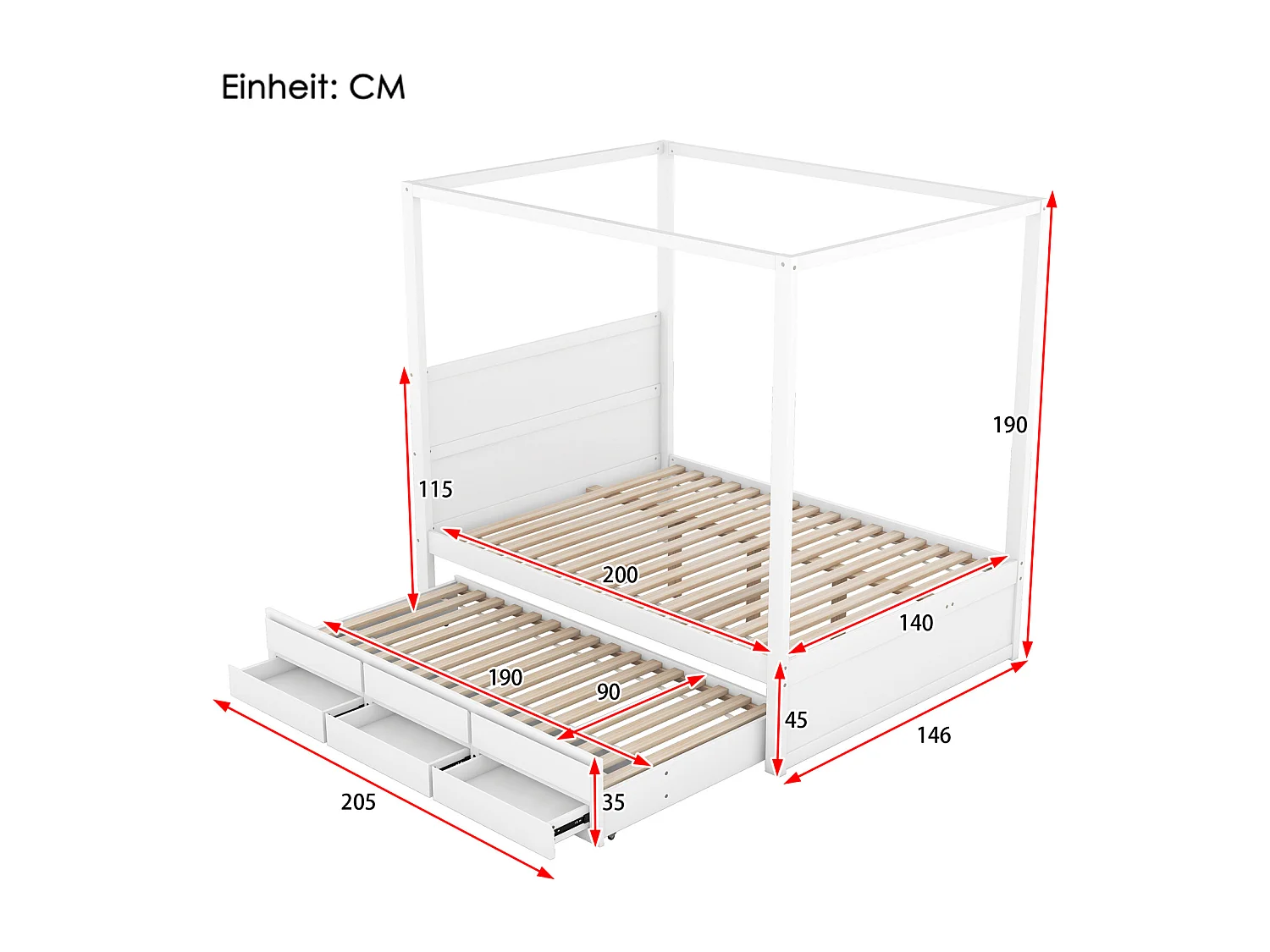 Uitschuifbed 140 x 200 cm hemelbed - platformbed met eenpersoons opklapbed en 3 opbergvakken massief houten bed - wit