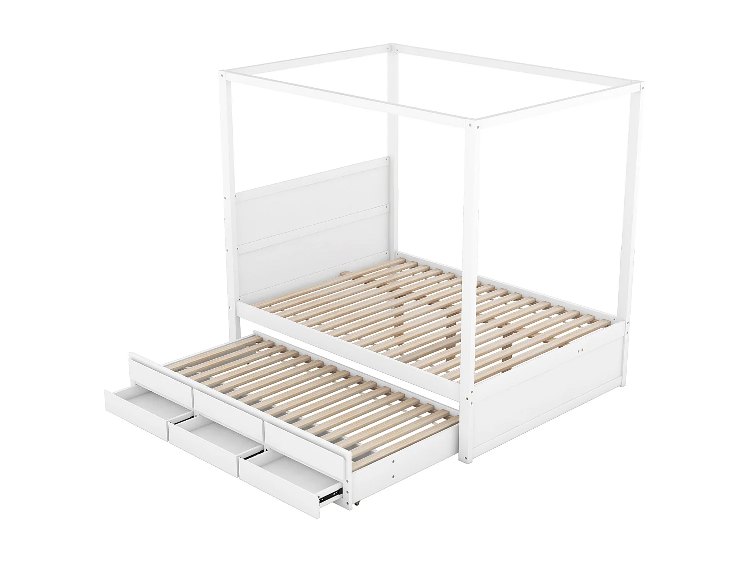 Uitschuifbed 140 x 200 cm hemelbed - platformbed met eenpersoons opklapbed en 3 opbergvakken massief houten bed - wit