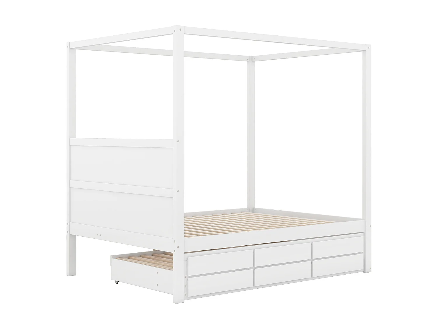 Uitschuifbed 140 x 200 cm hemelbed - platformbed met eenpersoons opklapbed en 3 opbergvakken massief houten bed - wit