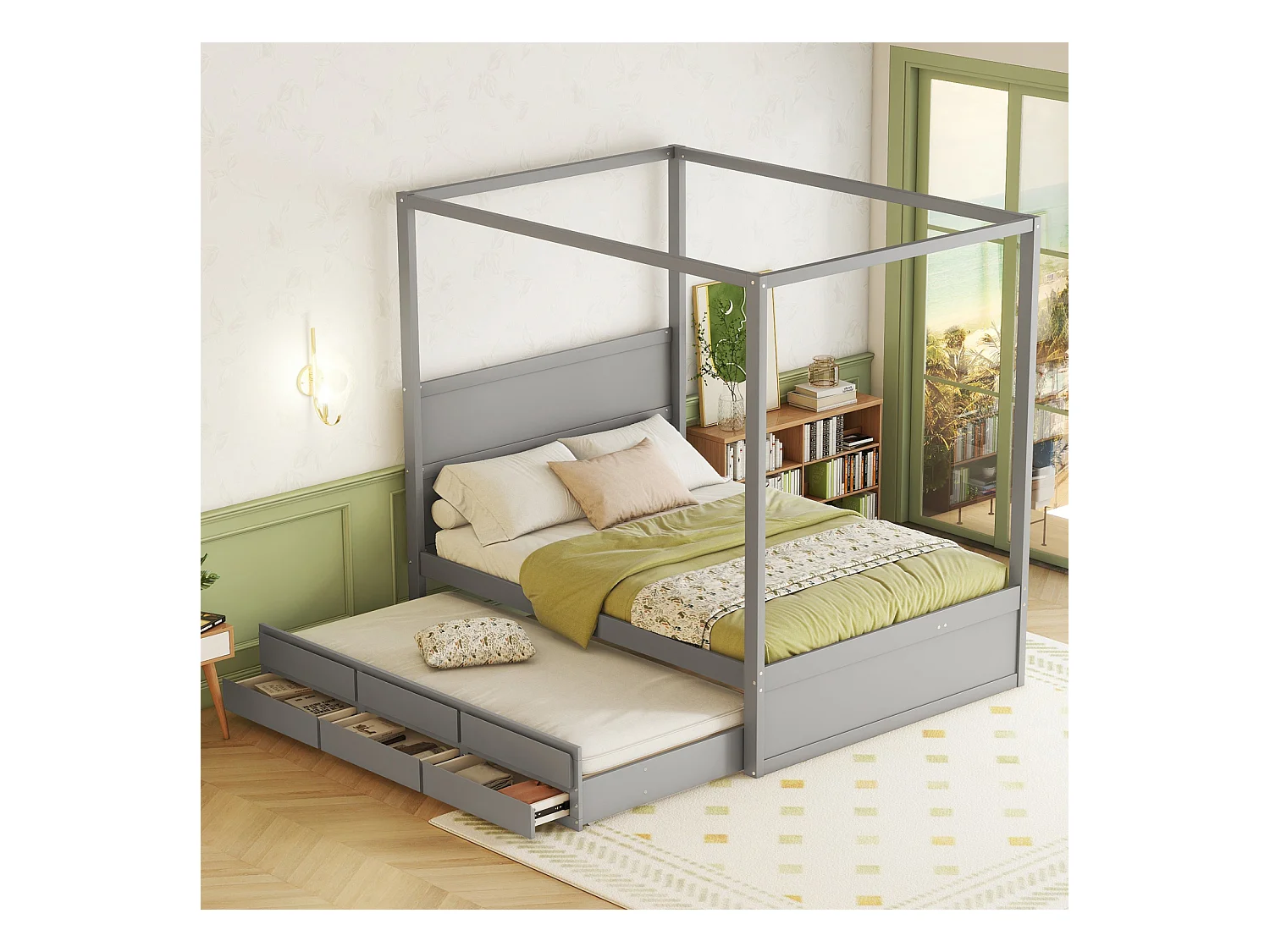 Lit gigogne 140 x 200 cm lit à baldaquin - lit platefome avec lit simple escamotable et 3 compartiments de rangement lit en bois massif - gris