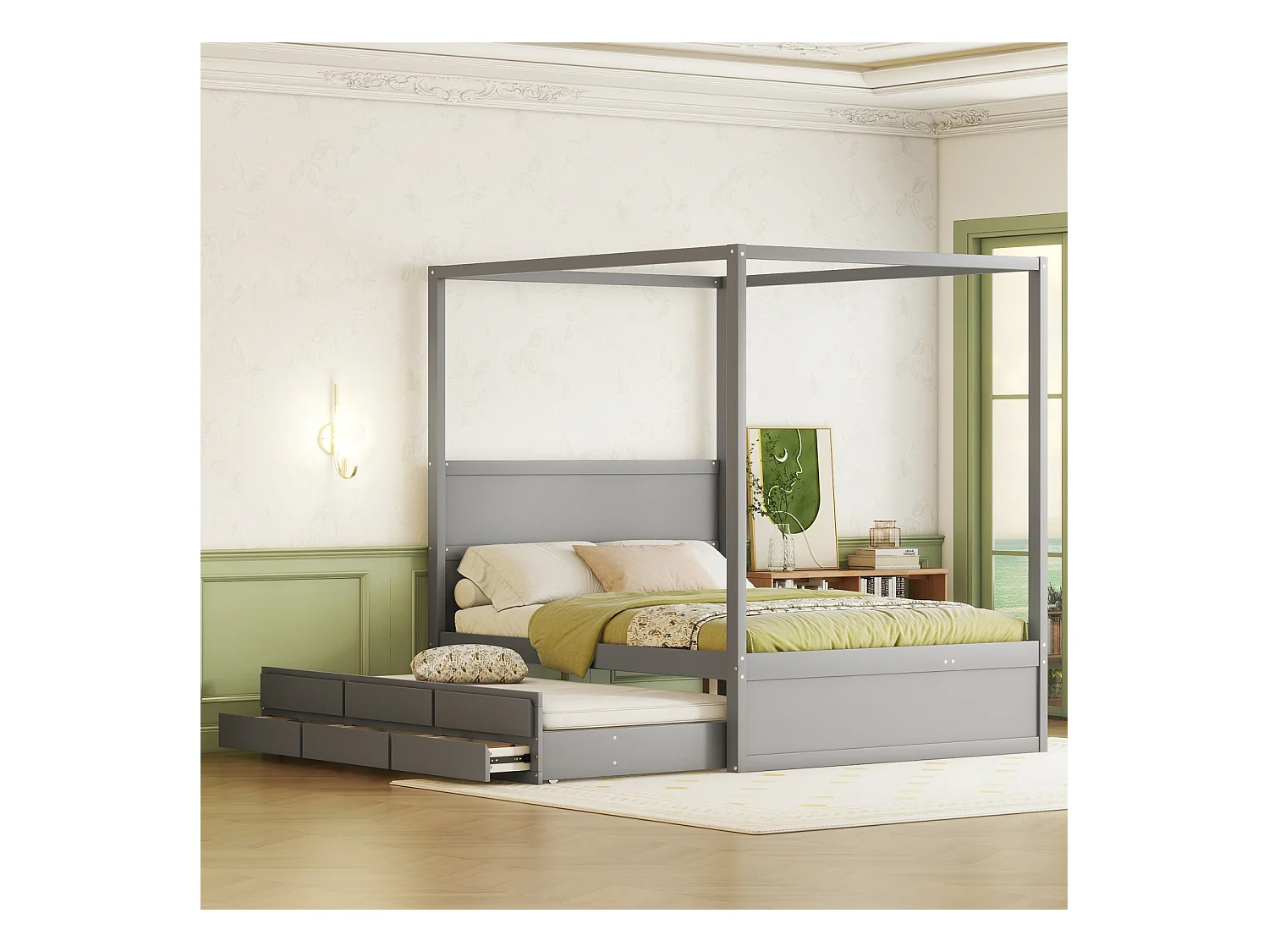 Lit gigogne 140 x 200 cm lit à baldaquin - lit platefome avec lit simple escamotable et 3 compartiments de rangement lit en bois massif - gris