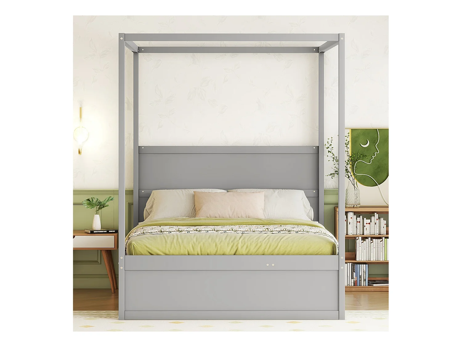 Lit gigogne 140 x 200 cm lit à baldaquin - lit platefome avec lit simple escamotable et 3 compartiments de rangement lit en bois massif - gris