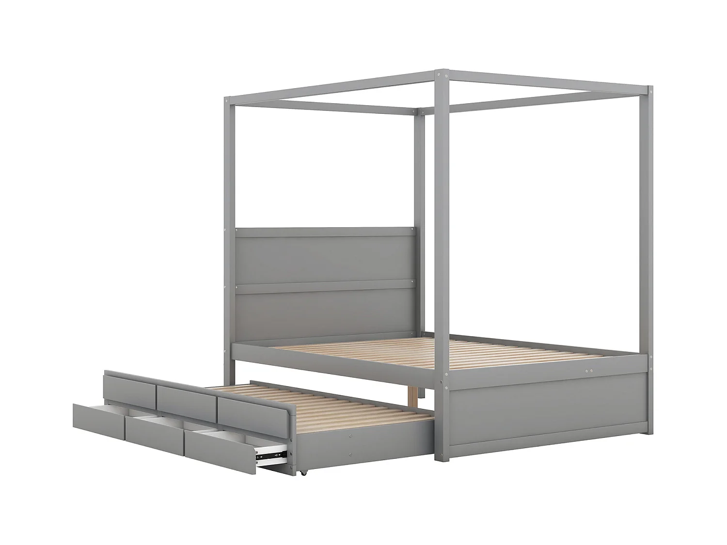 Lit gigogne 140 x 200 cm lit à baldaquin - lit platefome avec lit simple escamotable et 3 compartiments de rangement lit en bois massif - gris