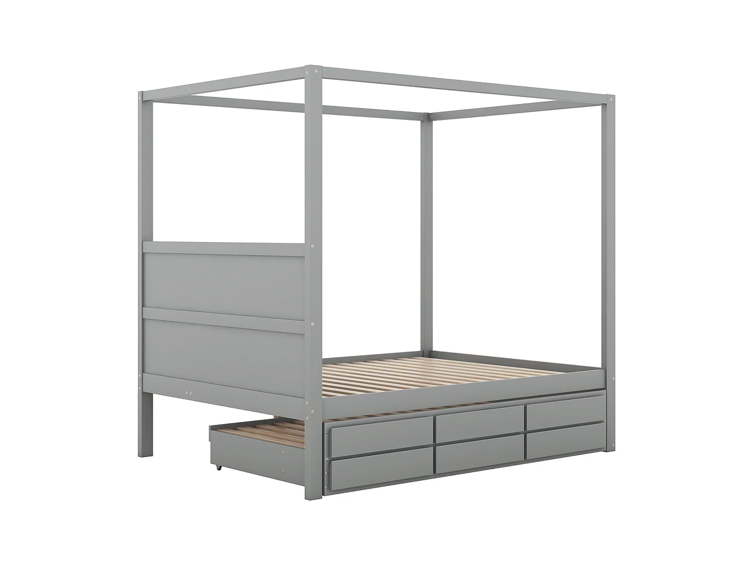 Lit gigogne 140 x 200 cm lit à baldaquin - lit platefome avec lit simple escamotable et 3 compartiments de rangement lit en bois massif - gris