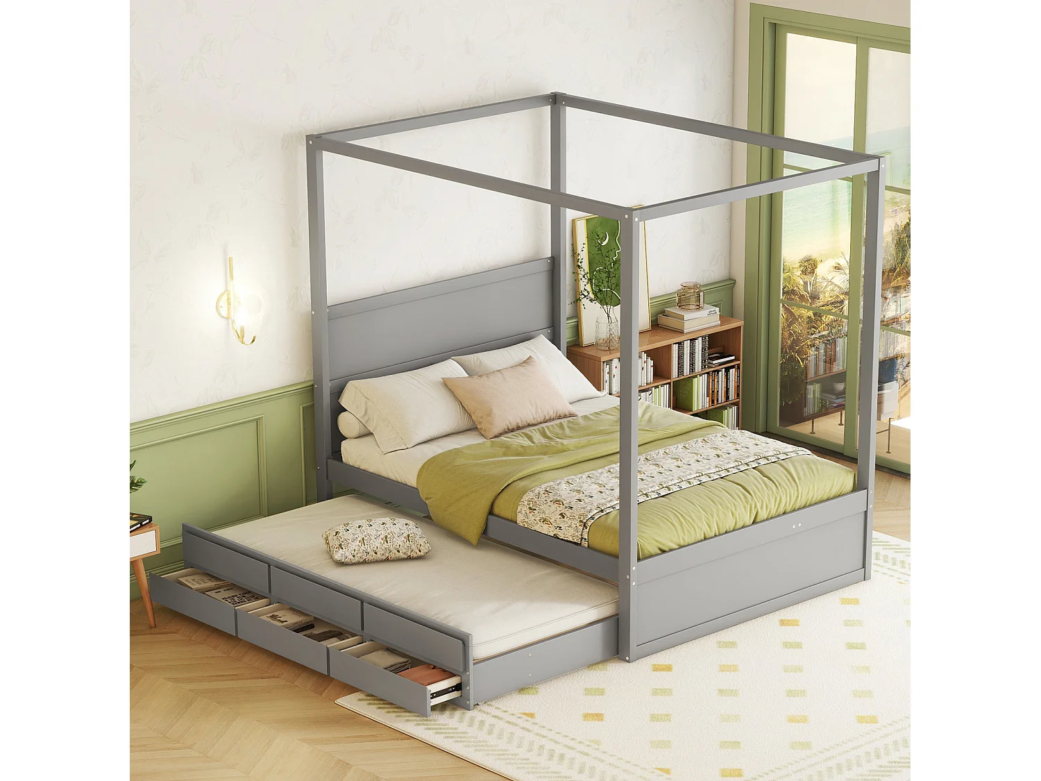 Lit gigogne 140 x 200 cm lit à baldaquin - lit platefome avec lit simple escamotable et 3 compartiments de rangement lit en bois massif - gris