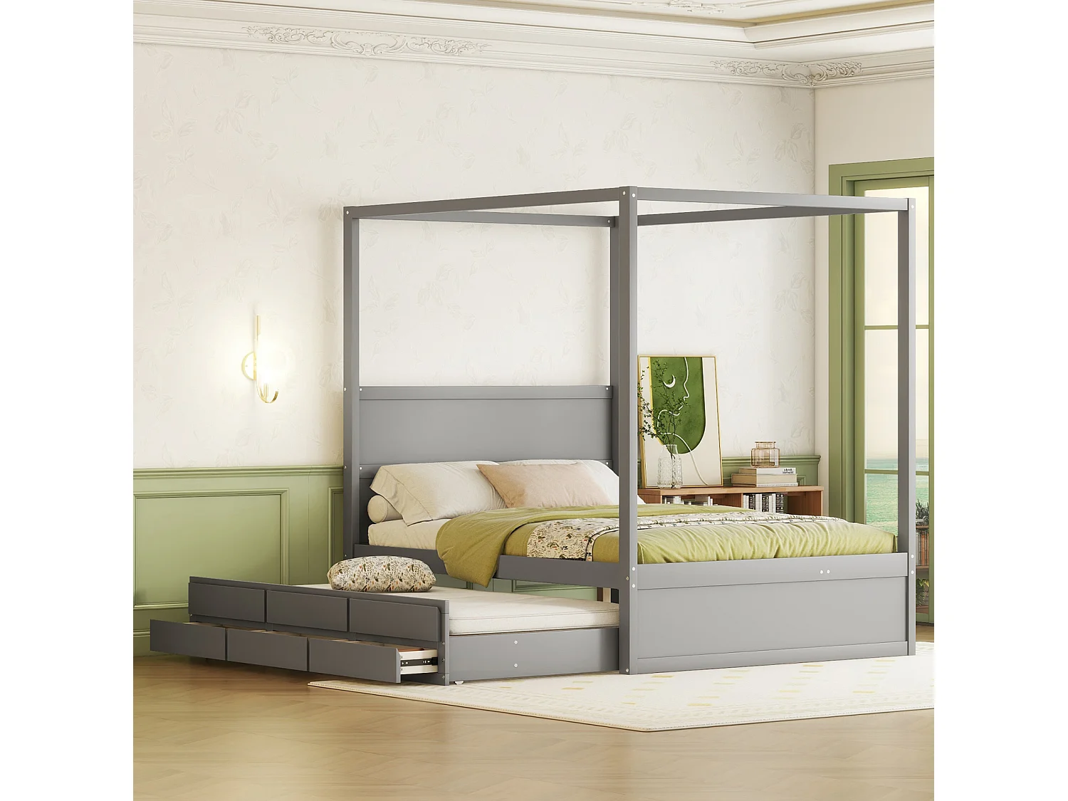 Lit gigogne 140 x 200 cm lit à baldaquin - lit platefome avec lit simple escamotable et 3 compartiments de rangement lit en bois massif - gris