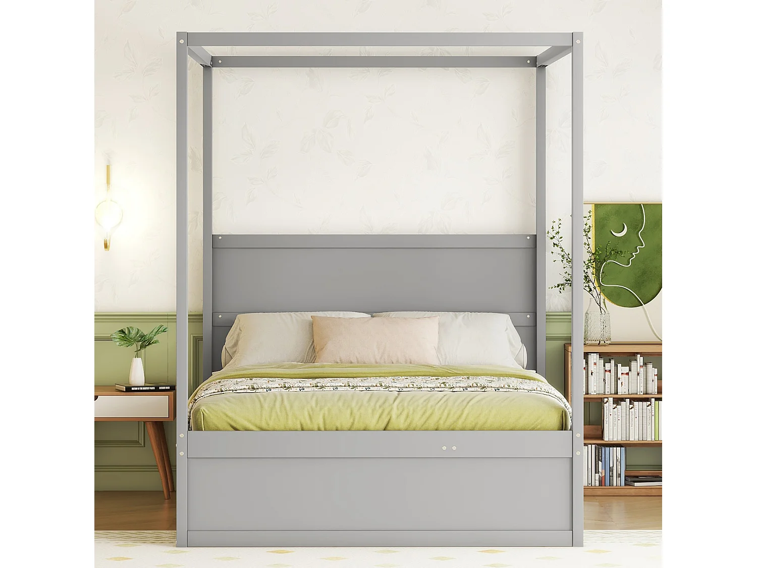 Lit gigogne 140 x 200 cm lit à baldaquin - lit platefome avec lit simple escamotable et 3 compartiments de rangement lit en bois massif - gris