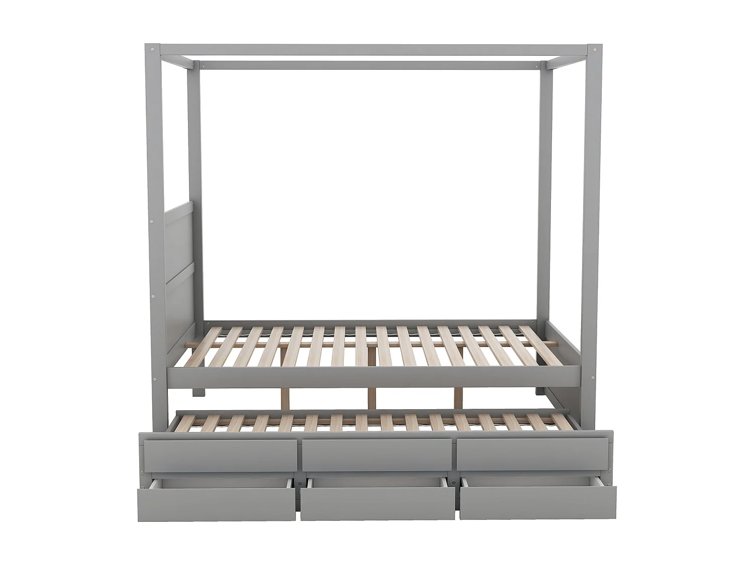 Lit gigogne 140 x 200 cm lit à baldaquin - lit platefome avec lit simple escamotable et 3 compartiments de rangement lit en bois massif - gris