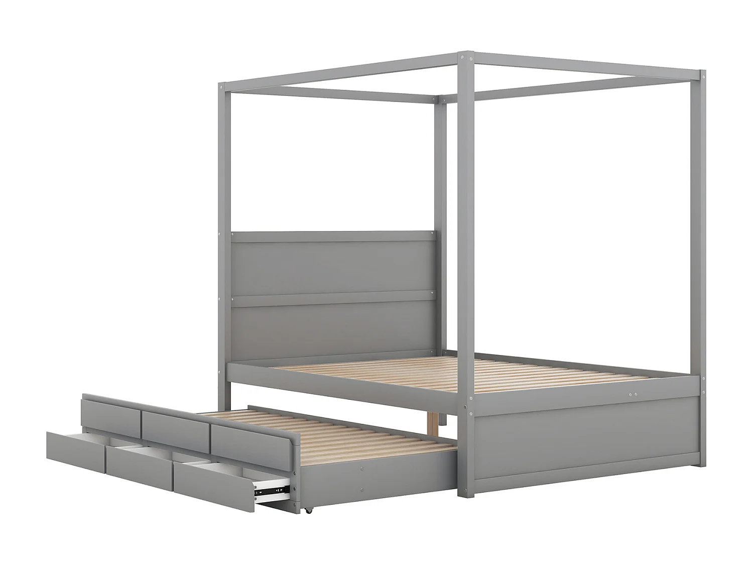 Lit gigogne 140 x 200 cm lit à baldaquin - lit platefome avec lit simple escamotable et 3 compartiments de rangement lit en bois massif - gris